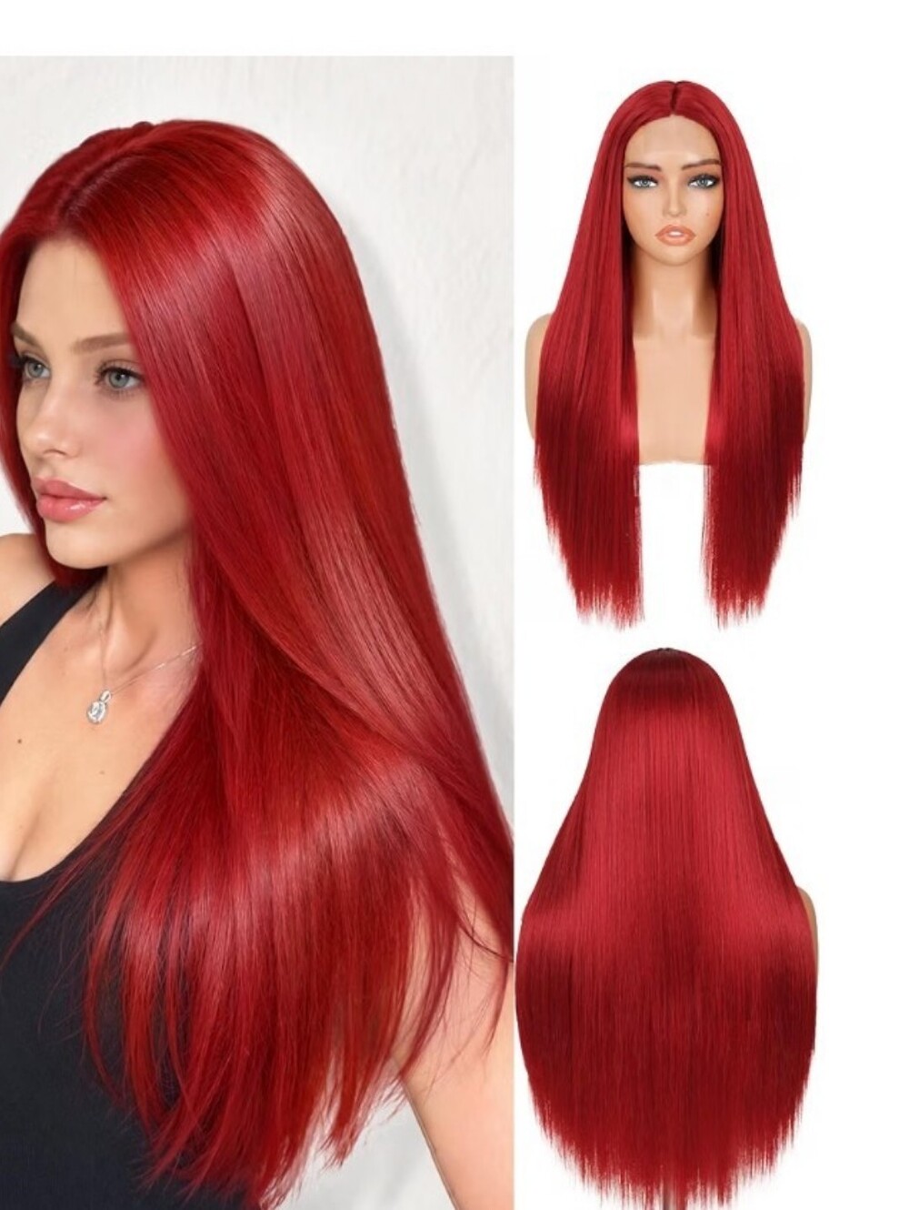Red Long Straight Wigs For Women Synthetic Glueless Middle Part Heat Safe 26"